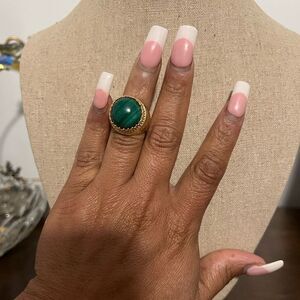 Women’s Vintage Sterling Vermeil Malachite cabochon Ring by PJM Size 5
